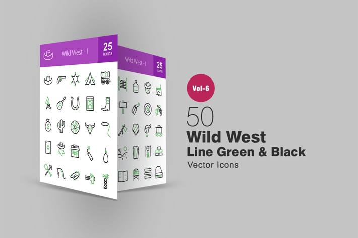 50 Wild West Green & Black Line Icons