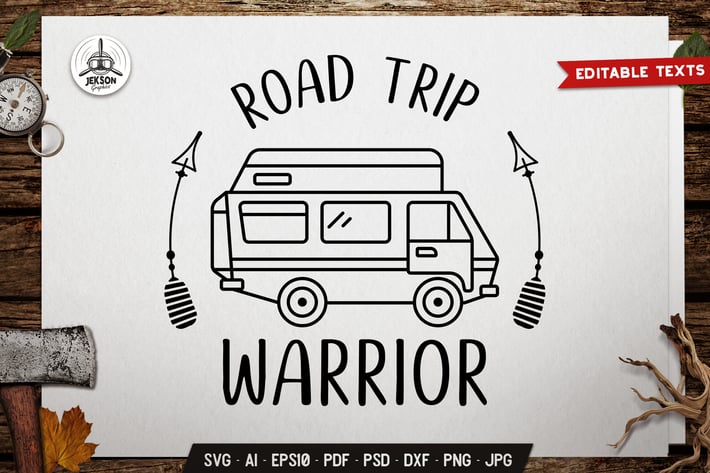 Road Trip Warrior. Camp Badge Design. Linear Label