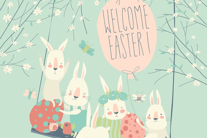 Cute cartoon bunny with Easter eggs and flowers. 