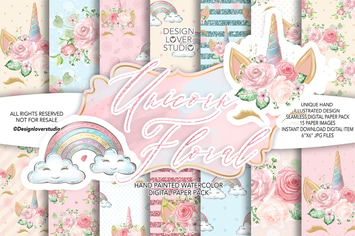 Unicorn Faces Floral digital paper pack