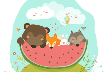Cute animals eating watermelon slice. Hello summer