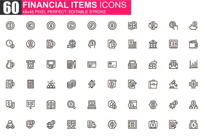 Financial Items Thin Line Icons Pack