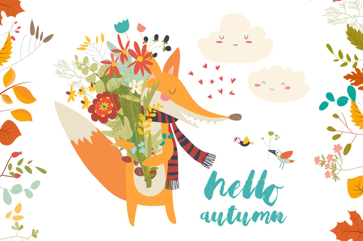 Lovely autumn card with a fox and flowers. Vector 