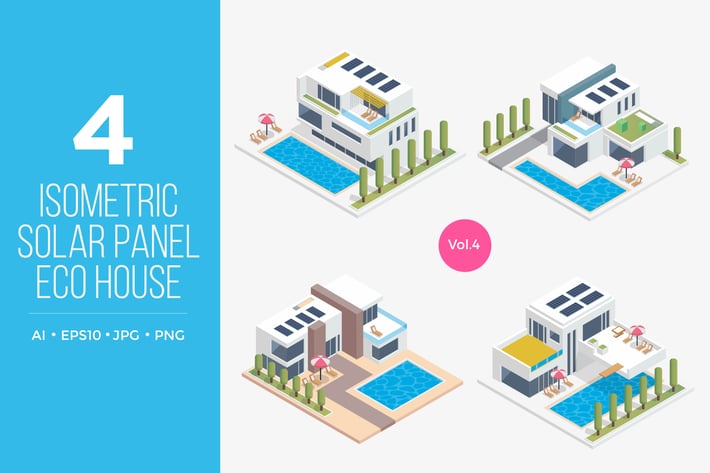 Isometric Solar Panel Eco House Vector Set 4