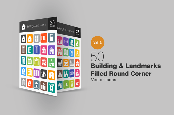 50 Buildings & Landmarks Flat Round Corner Icons