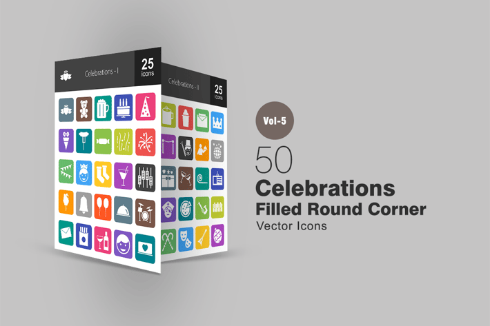 50 Celebrations Flat Round Corner Icons