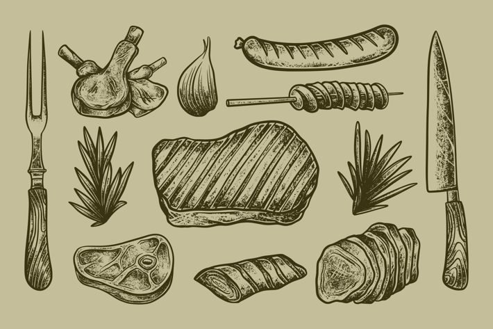 Hand-Drawn Beef Barbecue Vector Textured Object