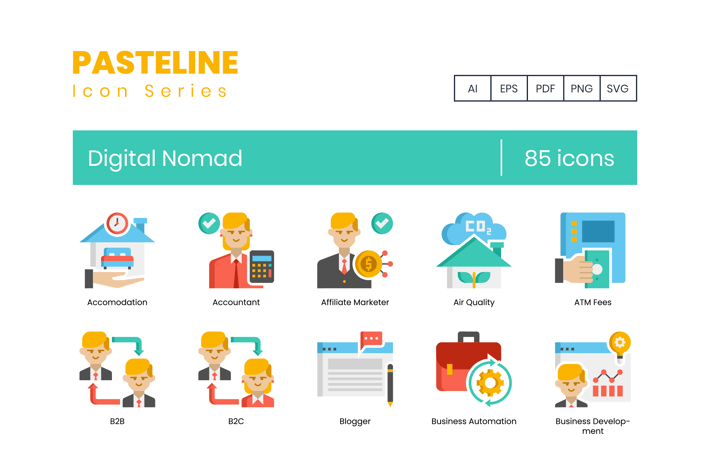 85 Digital Nomad Flat Icons