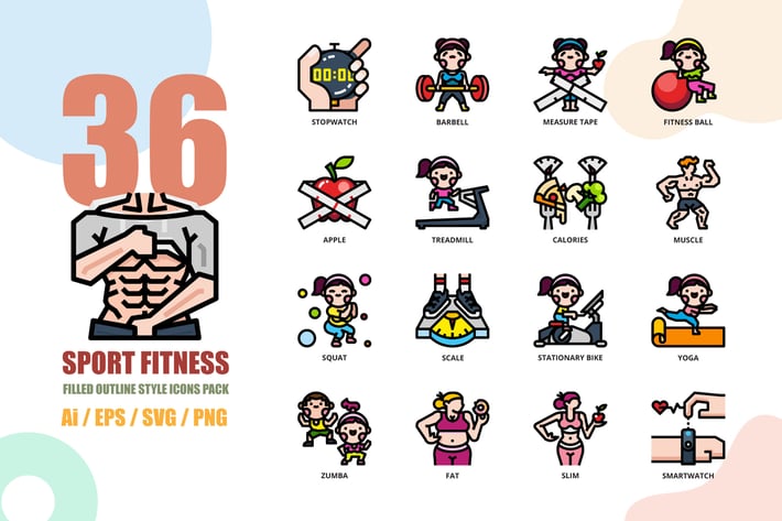 Sport Fitness Filled Outline Style Icon set