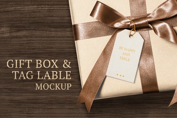 Present greeting tag mockup on a gift box