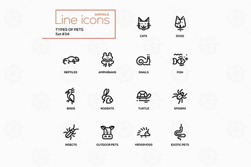 Types of pets - vector line design style icons set