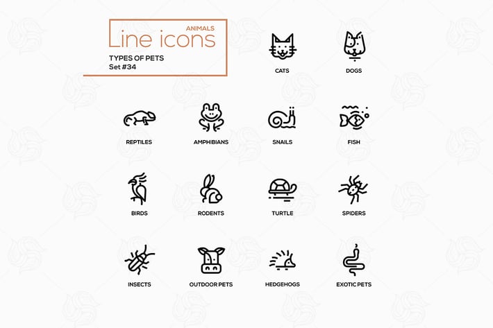 Types of pets - vector line design style icons set