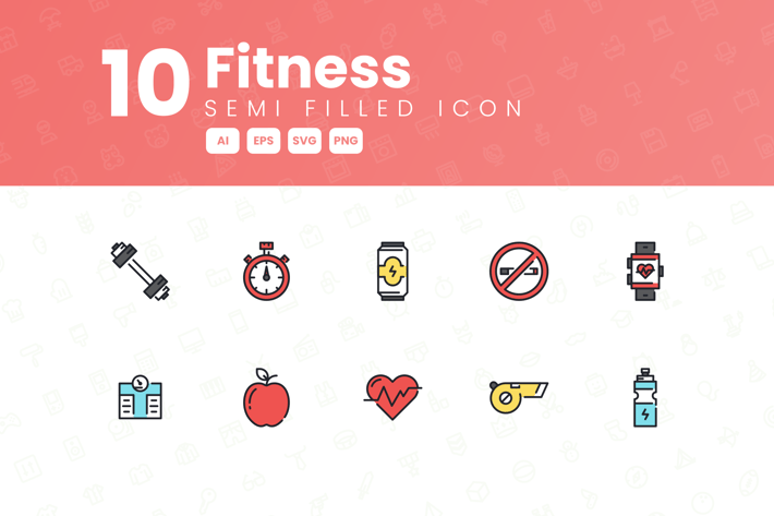 10 Fitness Semi Filled Icon Collection