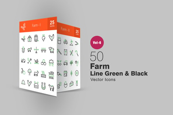 50 Farm Green & Black Line Icons