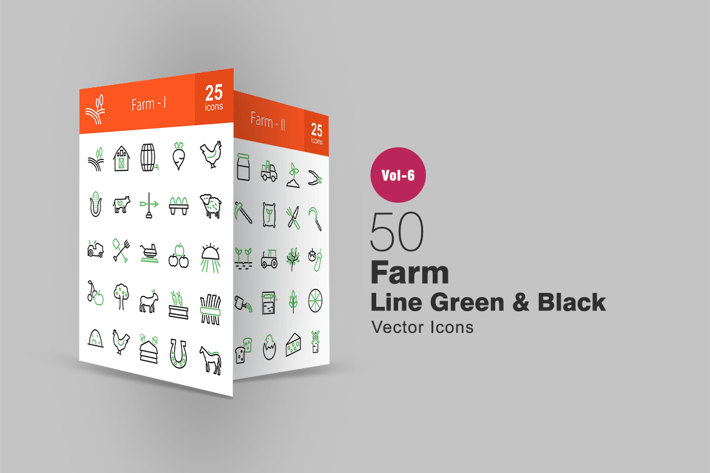 50 Farm Green & Black Line Icons