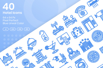 40 Hotel Icons Set - Blue Lineal Color