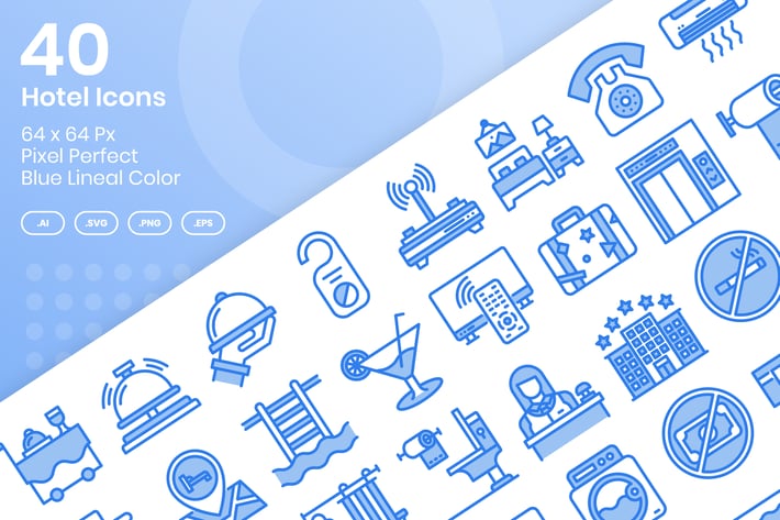 40 Hotel Icons Set - Blue Lineal Color