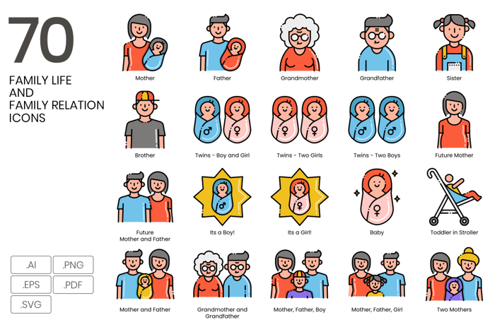 70 Family Life & Family Relation Line Icons