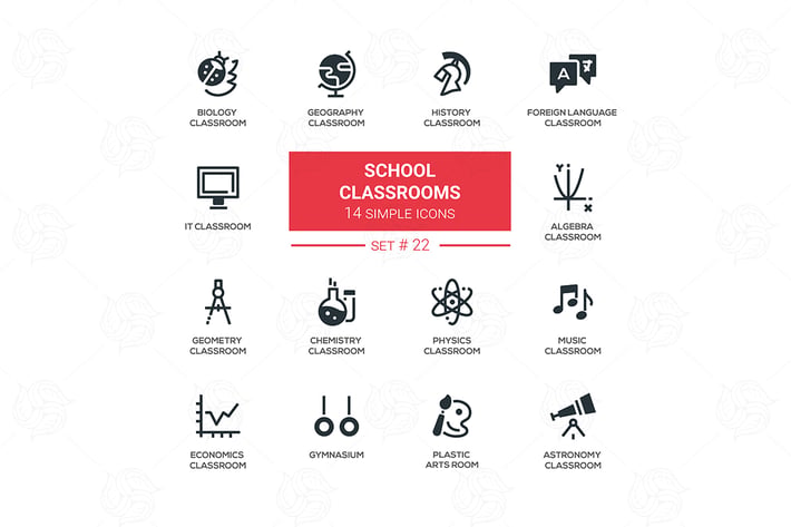 School classrooms - simple icons, pictograms