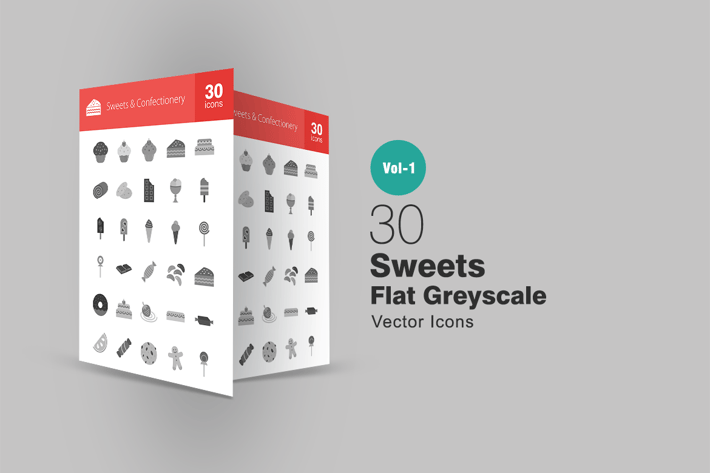 30 Sweets & Confectionery Greyscale Icons