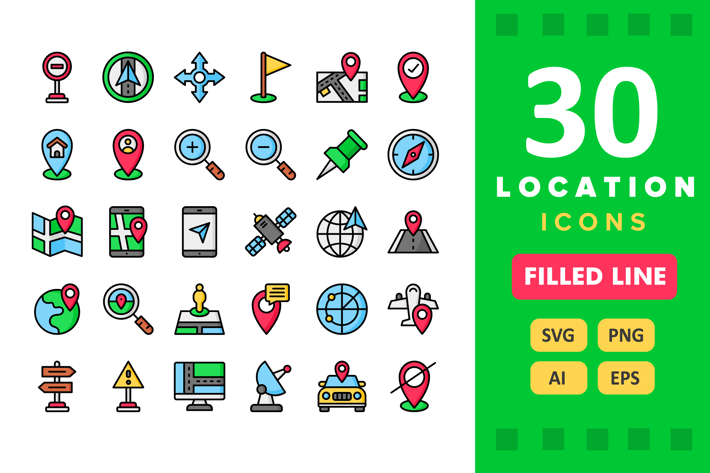 30 Location Icons - Filled Line