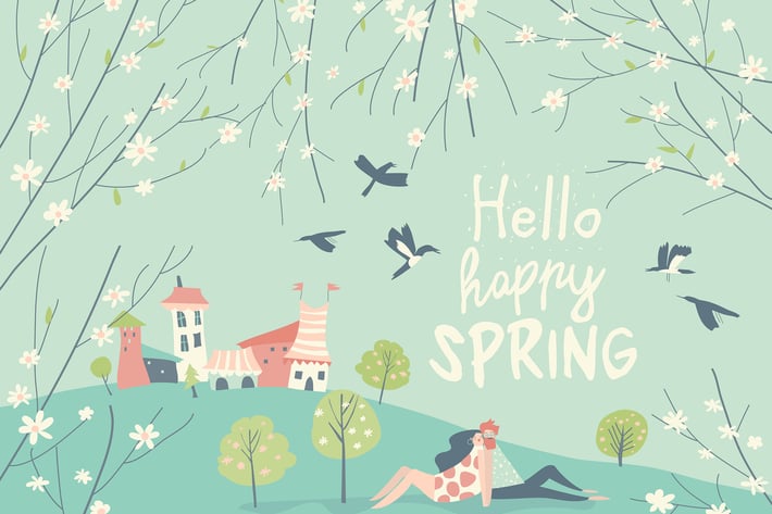 Cartoon happy couple in love in spring garden. Joy