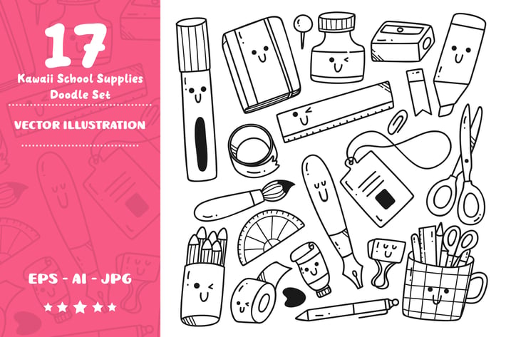 Kawaii School Supplies Doodle Set