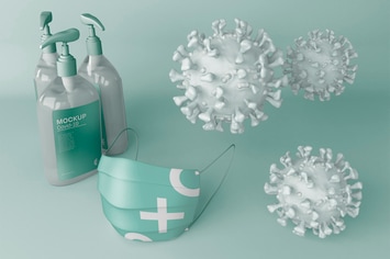 Coronavirus with Mask and Gel Alcohol Mockup