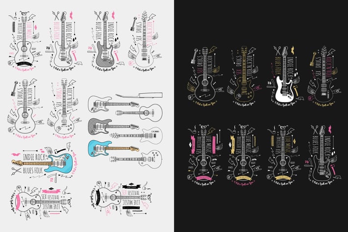 Trendy Retro Vintage Insignias with Guitar. Vector