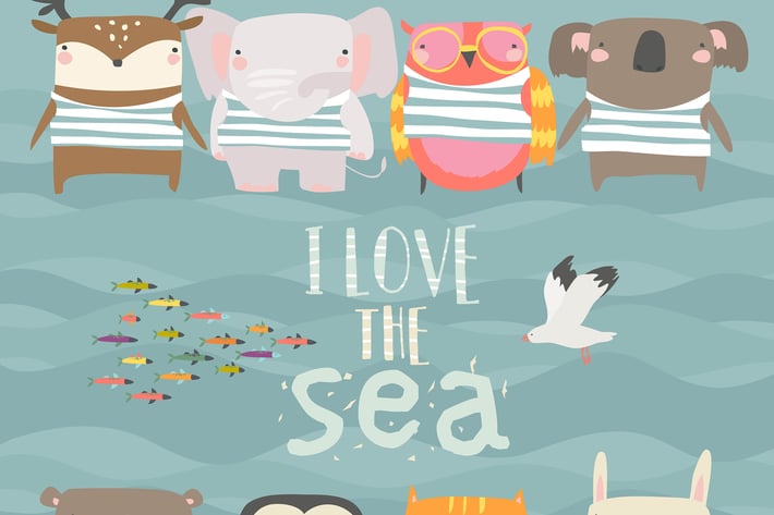 Set of cute animals wearing striped vest on sea ba