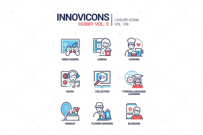 Hobby and activities - line design style icons set