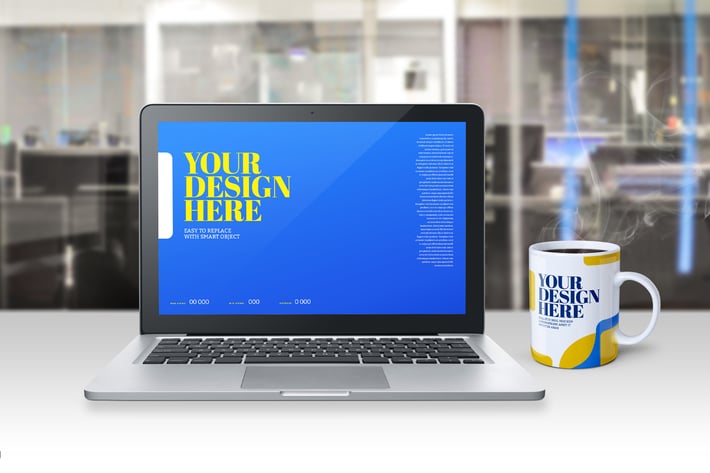 Laptop Mockup Mug Coffee Office Scene