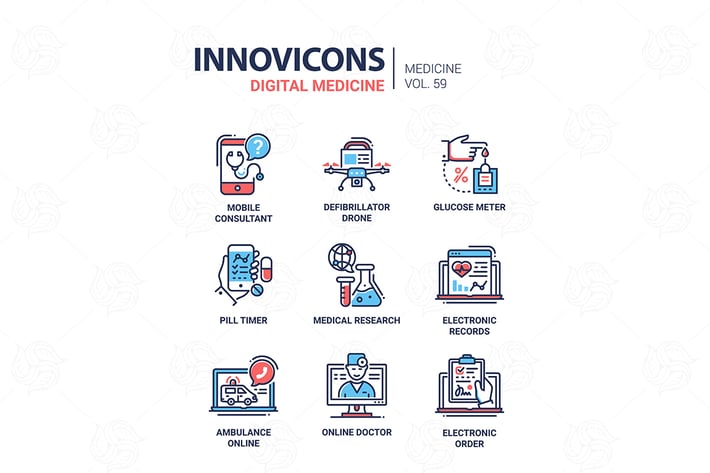 Digital medicine - line design icons set