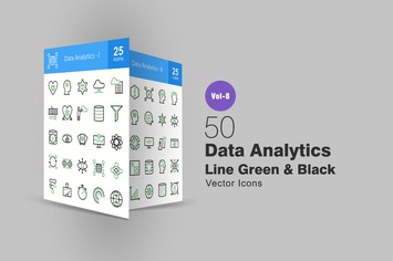50 Data Analytics Green & Black Line Icons