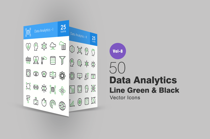 50 Data Analytics Green & Black Line Icons