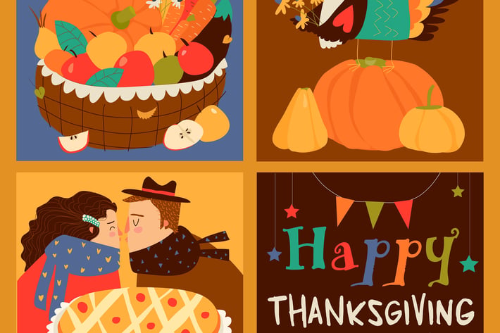 Vector set of Thanksgiving card with turkey and ha