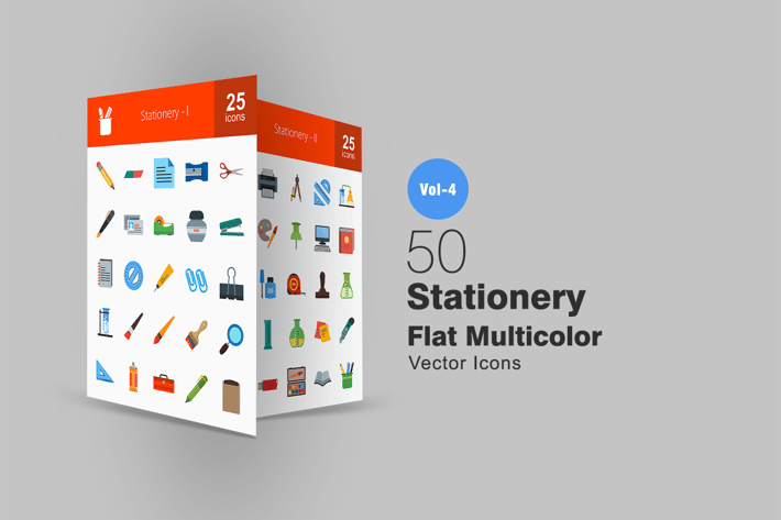 50 Stationery Flat Multicolor Icons