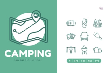 36 Icons of Camping Outline Style