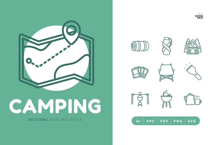 36 Icons of Camping Outline Style