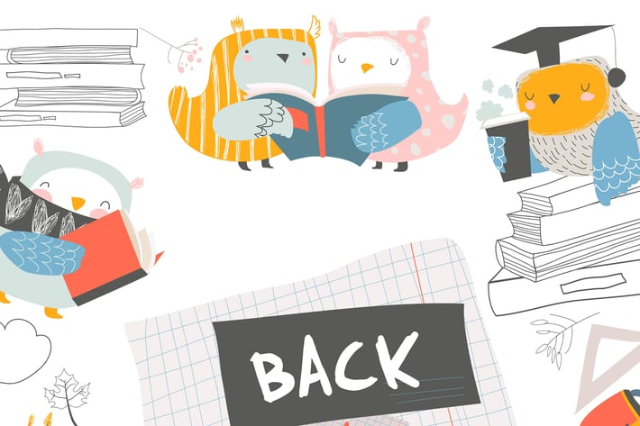Vector cute frame composed of cute owls with books