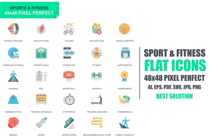 Simple Set Sport and Fitness Flat Icons