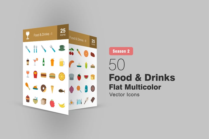 50 Food & Drinks Flat Multicolor Icons Season II