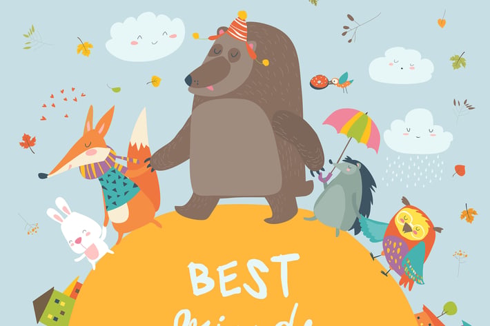 Happy animals walking in autumn park. Vector 