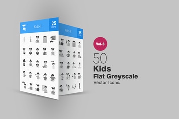 50 Kids Flat Greyscale Icons