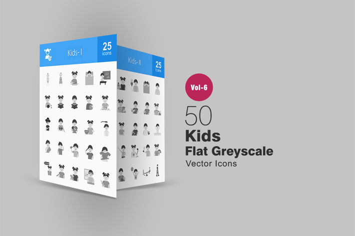 50 Kids Flat Greyscale Icons