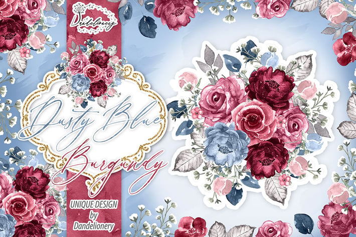 Watercolor Dusty Blue and Burgundy design