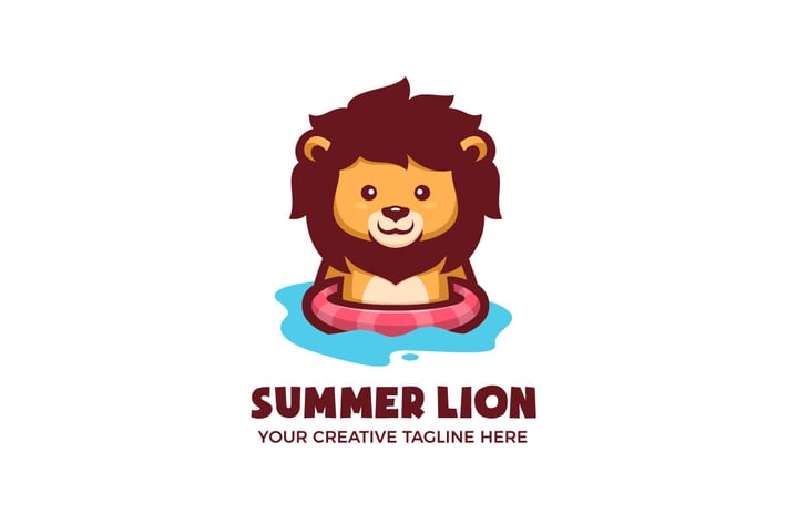Lion Swimming Summer Cartoon Mascot Logo Template