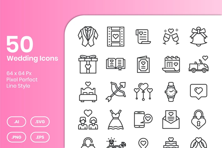 50 Wedding Icons Set - Line