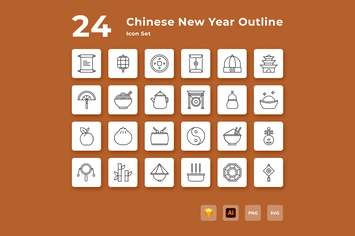Happy Chinese New Year Outline Icon Set