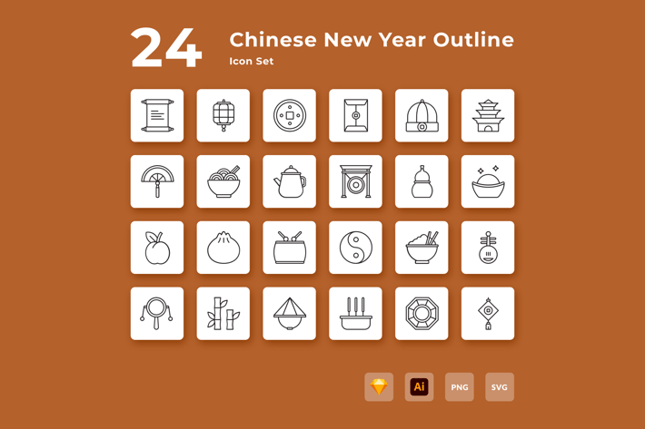 Happy Chinese New Year Outline Icon Set